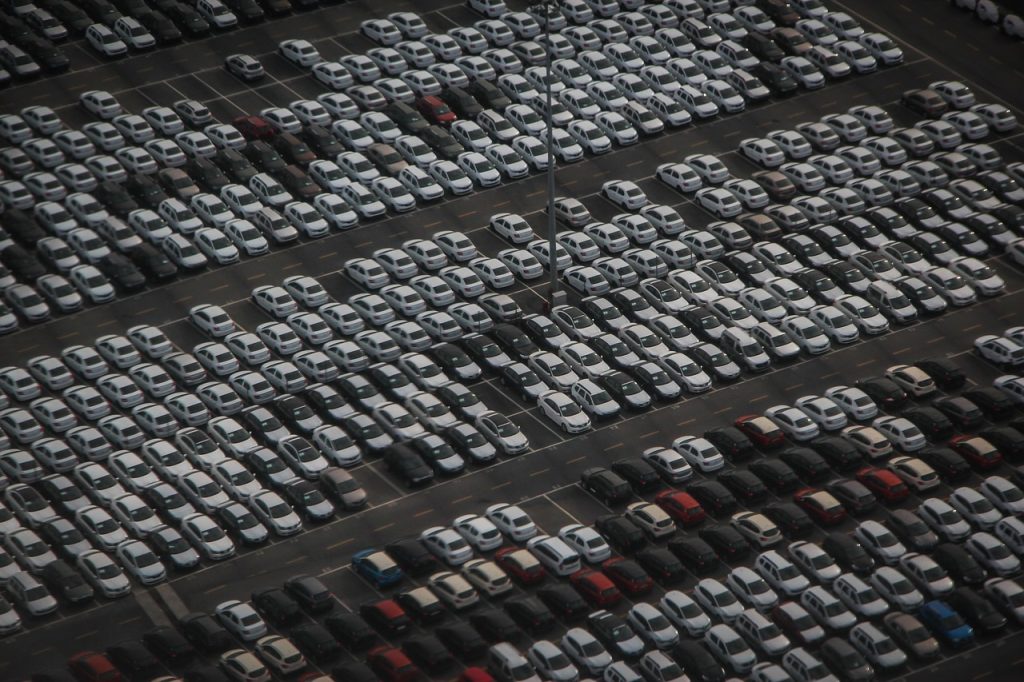 A Nissan car lot near Redwood City, CA.